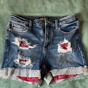Judy Blue Women's Ripped Jean Shorts - Blue and Red Accents